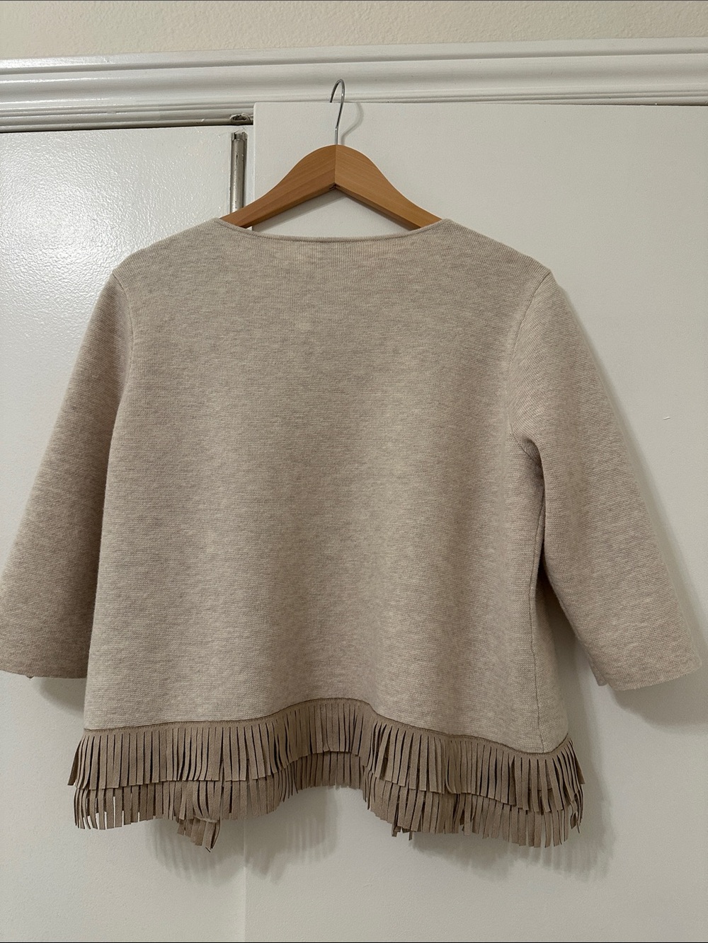 Chico's Neutral Taupe Open-Front Knit Cardigan with Fringe - Picture 7 of 7